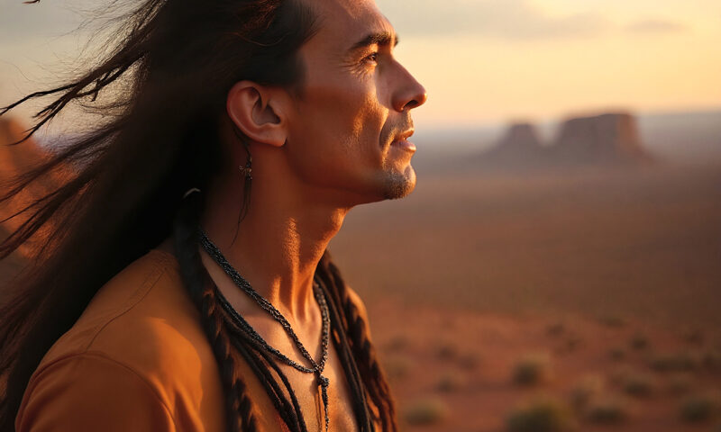 Cover Description: Rettward von Doernberg – The Wind in My Hair. A man stands in profile against a vast desert landscape at golden hour, wind sweeping through long hair and layered necklaces.