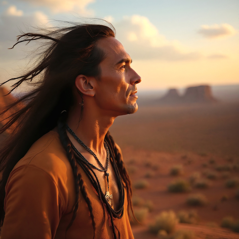 Cover Description: Rettward von Doernberg – The Wind in My Hair. A man stands in profile against a vast desert landscape at golden hour, wind sweeping through long hair and layered necklaces.