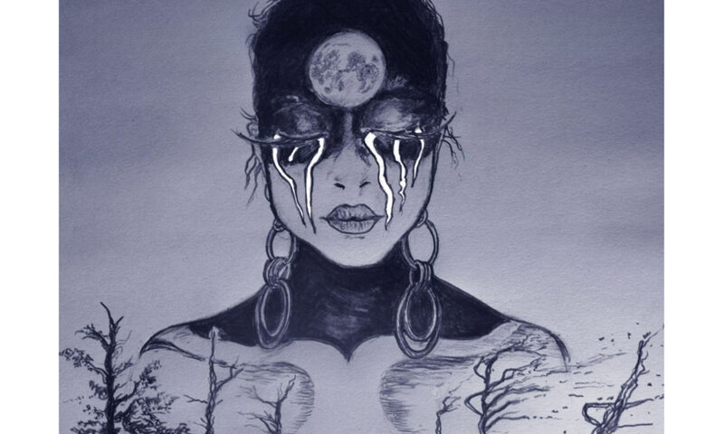 The cover of The Forked Road features a monochrome illustration: a figure with moonlit eyes weeping luminous streams, a full moon resting on their forehead, and large earrings framing their face. Their shoulders dissolve into barren landscapes with twisted trees and diverging paths.