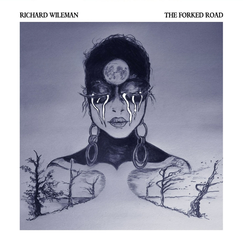The cover of The Forked Road features a monochrome illustration: a figure with moonlit eyes weeping luminous streams, a full moon resting on their forehead, and large earrings framing their face. Their shoulders dissolve into barren landscapes with twisted trees and diverging paths.