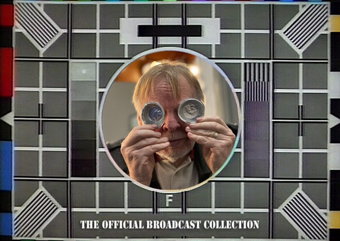 The album cover for The Official Broadcast Collection features a retro television test card background. At the center is a circular photo of Rick Wakeman playfully holding two CDs over his eyes. Below, the title appears in bold white lettering.