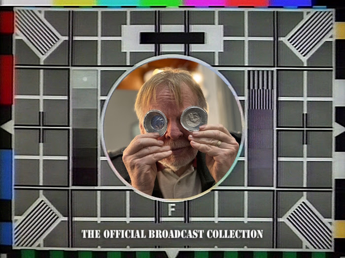 The album cover for The Official Broadcast Collection features a retro television test card background. At the center is a circular photo of Rick Wakeman playfully holding two CDs over his eyes. Below, the title appears in bold white lettering.