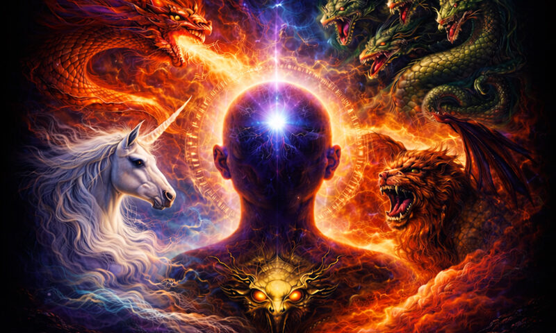 Riffstone – Mythical Creatures cover artwork. a fantasy design with a humanoid head surrounded by five mythical cretaires, including a dragon, unicorn, lion, four headed serpent.