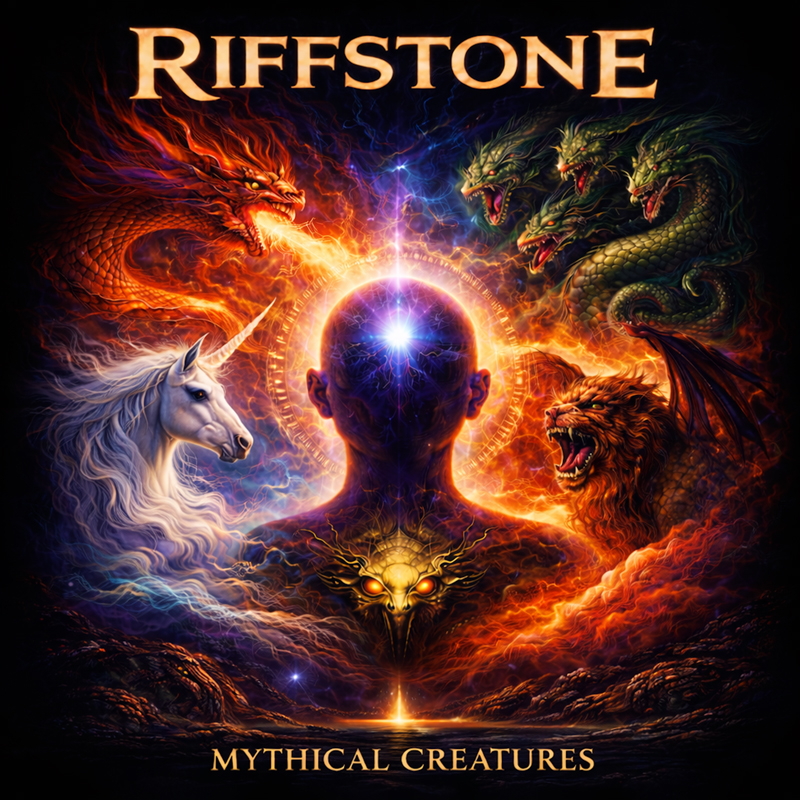 Riffstone – Mythical Creatures cover artwork. a fantasy design with a humanoid head surrounded by five mythical cretaires, including a dragon, unicorn, lion, four headed serpent.