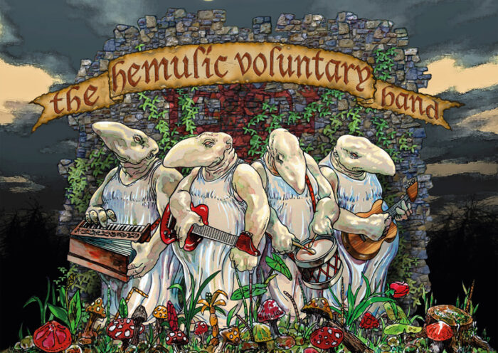 The album cover for The Hemulic Voluntary Band features four anthropomorphic, mole-like creatures dressed in white robes, each playing a different musical instrument—keyboard, electric guitar, drum, and mandolin. They stand in front of a moss-covered stone wall, beneath a banner bearing the album title in stylized medieval lettering. The foreground is filled with mushrooms and plants, while a twilight sky and murky pond complete the scene. The artwork is signed by illustrator Javier Herbozo.
