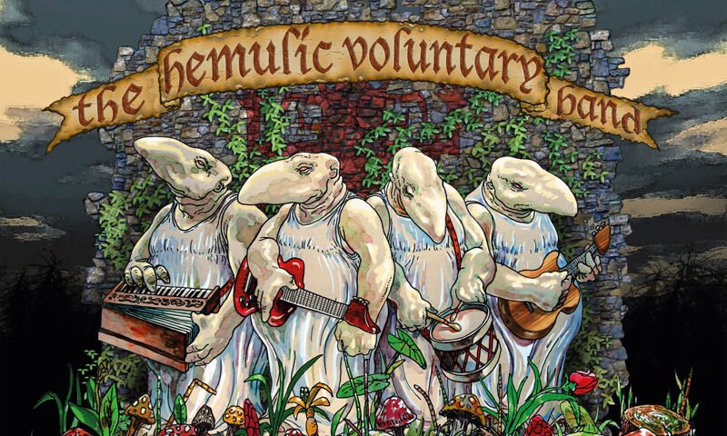 The album cover for The Hemulic Voluntary Band features four anthropomorphic, mole-like creatures dressed in white robes, each playing a different musical instrument—keyboard, electric guitar, drum, and mandolin. They stand in front of a moss-covered stone wall, beneath a banner bearing the album title in stylized medieval lettering. The foreground is filled with mushrooms and plants, while a twilight sky and murky pond complete the scene. The artwork is signed by illustrator Javier Herbozo.