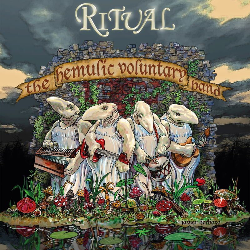The album cover for The Hemulic Voluntary Band features four anthropomorphic, mole-like creatures dressed in white robes, each playing a different musical instrument—keyboard, electric guitar, drum, and mandolin. They stand in front of a moss-covered stone wall, beneath a banner bearing the album title in stylized medieval lettering. The foreground is filled with mushrooms and plants, while a twilight sky and murky pond complete the scene. The artwork is signed by illustrator Javier Herbozo.