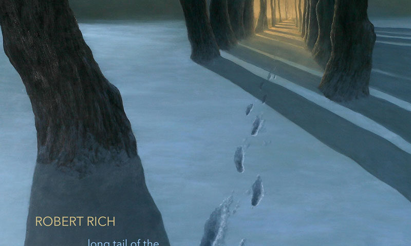 Robert Rich - 'Long Tail of the Quiet Gong cover artwork. An image of a snow covered path surrounded by trees, with footprints over the snow.