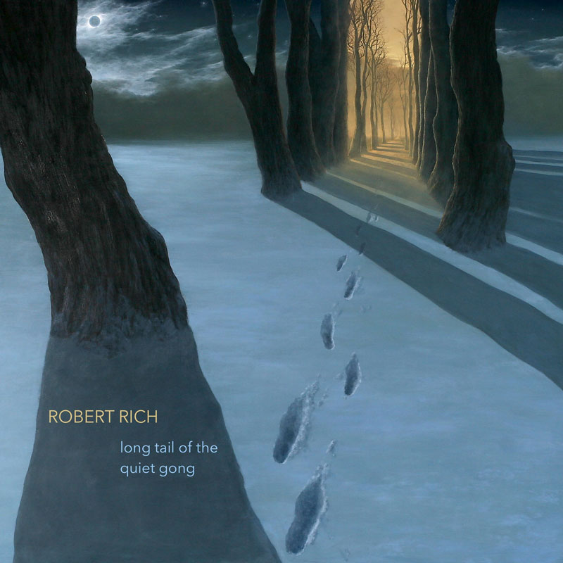 Robert Rich - 'Long Tail of the Quiet Gong cover artwork. An image of a snow covered path surrounded by trees, with footprints over the snow.