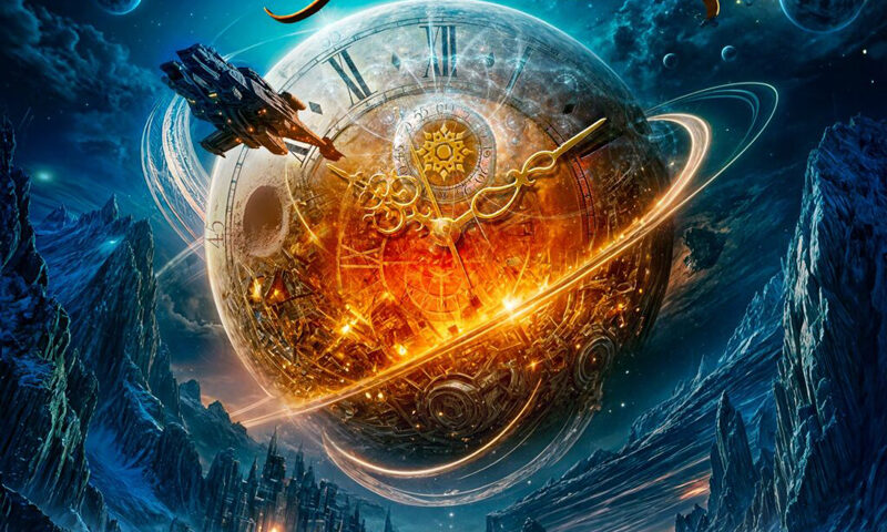 The cover of Časokruhy by Rosa Nocturna features a glowing, golden clock sphere floating in a cosmic landscape. Surrounding it are planets, stars, and a futuristic spacecraft, while below lies a rugged, frozen terrain dotted with dinosaurs and distant cities.