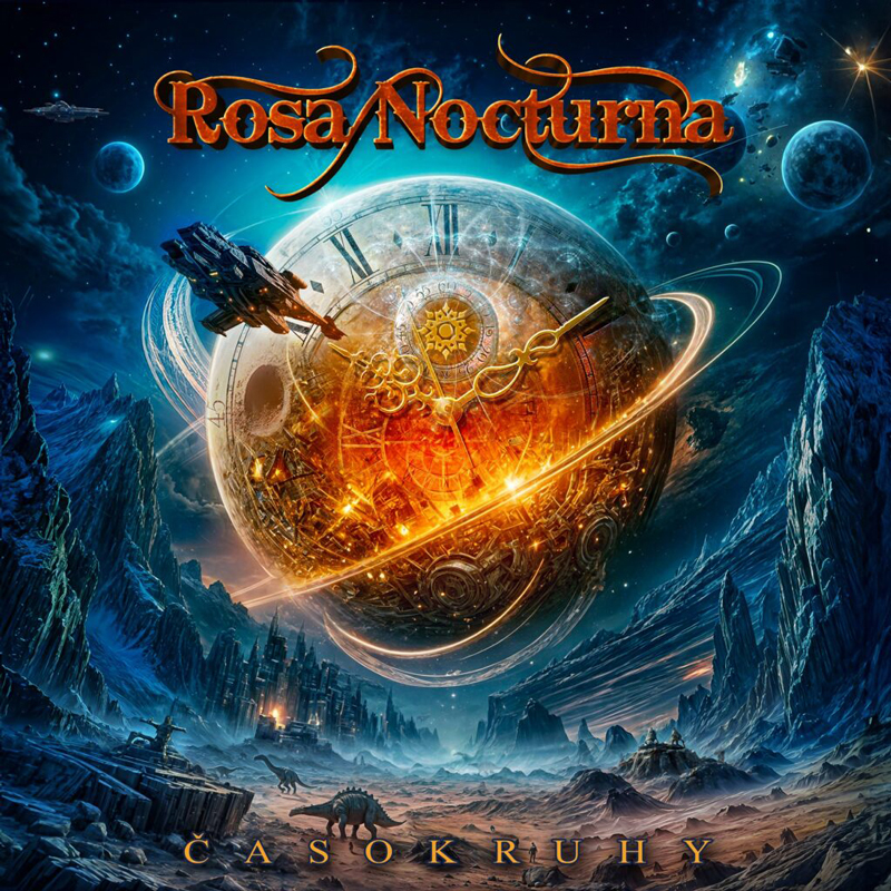 The cover of Časokruhy by Rosa Nocturna features a glowing, golden clock sphere floating in a cosmic landscape. Surrounding it are planets, stars, and a futuristic spacecraft, while below lies a rugged, frozen terrain dotted with dinosaurs and distant cities.