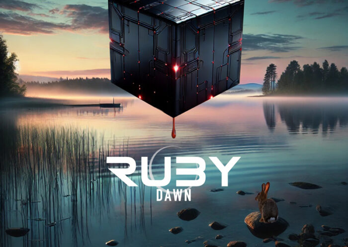 Ruby Dawn – "Blood on Water cover artwork. a beautiful lake landscape with a bunny by the shore. A large metallic cube is floating in the air,