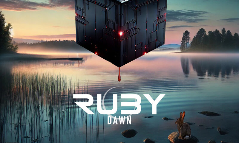 Ruby Dawn – "Blood on Water cover artwork. a beautiful lake landscape with a bunny by the shore. A large metallic cube is floating in the air,