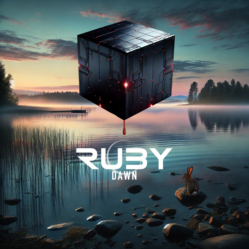 Ruby Dawn – "Blood on Water cover artwork. a beautiful lake landscape with a bunny by the shore. A large metallic cube is floating in the air,