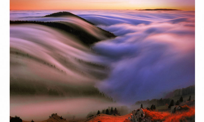 This album cover for Beyond the Sleepy Hills by Rudy Adrian features a breathtaking landscape with a surreal, dreamlike atmosphere. A vivid red foreground contrasts with a misty expanse of rolling hills, where fog flows like cascading waves under a soft, glowing sunset or sunrise.