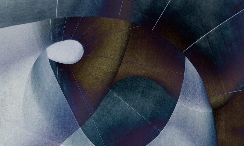 The album cover for All the Difference by Runar Blesvik features an abstract composition with fluid, curving shapes that evoke a sense of depth and movement. The color palette consists of muted blues, grays, and earthy tones, intersected by fine, almost architectural lines that add structure to the organic forms.