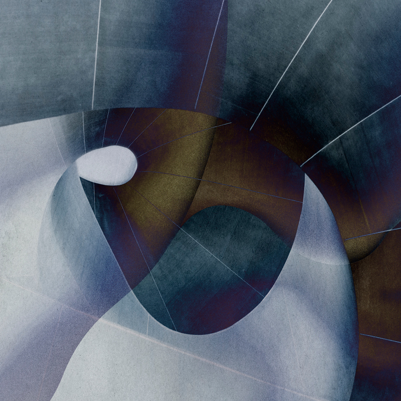 The album cover for All the Difference by Runar Blesvik features an abstract composition with fluid, curving shapes that evoke a sense of depth and movement. The color palette consists of muted blues, grays, and earthy tones, intersected by fine, almost architectural lines that add structure to the organic forms.