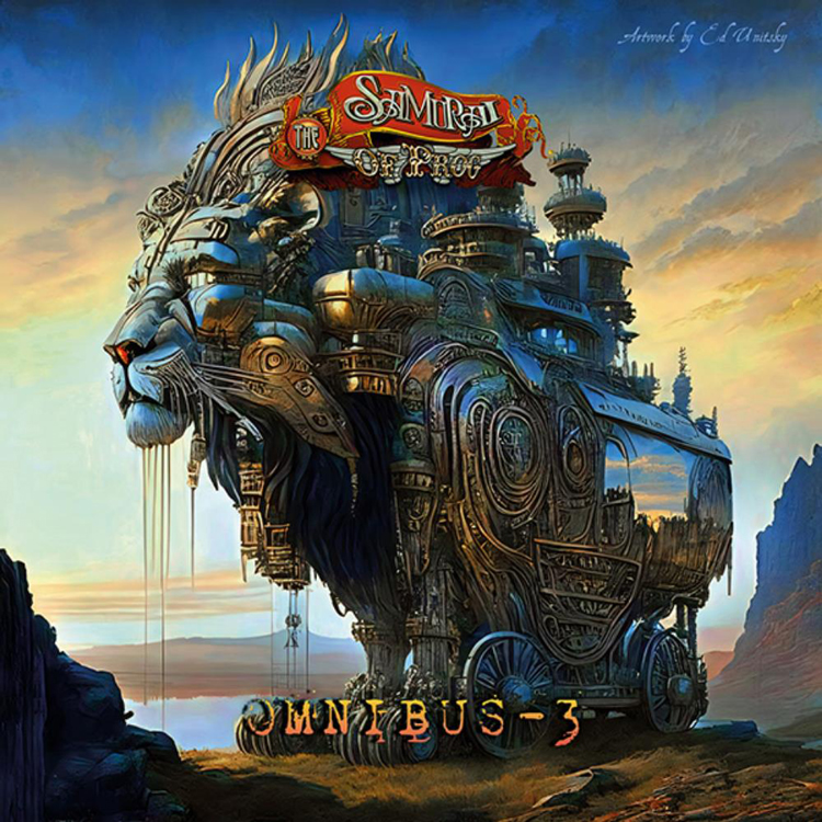 Samurai Of Prog - Omnibus 3 album cover. A fantasy design with a lion statue.