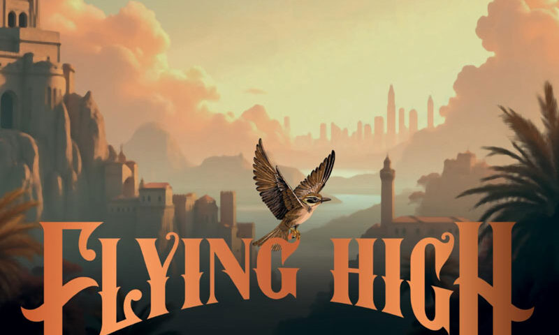 The album cover for Flying High at the Heart of It by Sandro Norton features a landscape bathed in warm, golden light. A small bird in mid-flight soars above classical architecture and palm trees, with a hazy, futuristic city skyline in the distance. The title is rendered in ornate lettering, while the artist’s name appears in modern font at the top.