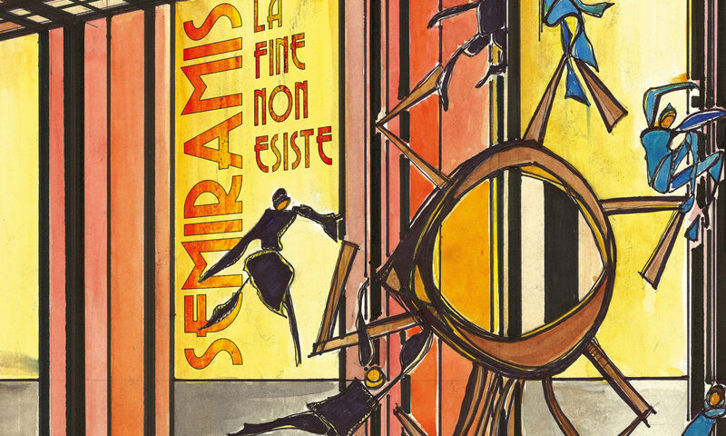 The cover of La Fine Non Esiste has an Art Deco style: vertical panels in warm yellows, oranges, and reds frame the title, while silhouetted figures in motion seem to climb and leap across a wheel-like structure.