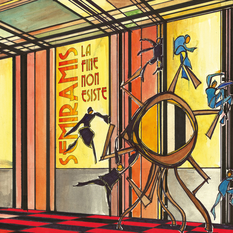 The cover of La Fine Non Esiste has an Art Deco style: vertical panels in warm yellows, oranges, and reds frame the title, while silhouetted figures in motion seem to climb and leap across a wheel-like structure.