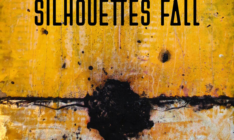The album cover for Silhouettes Fall – Silhouettes Fall features an abstract design dominated by a textured yellow-gold background. A jagged black horizontal line bisects the canvas, erupting into a dark central blotch that resembles a burst. The band's name appears in black, all caps, with a stylized “A” formed by a triangle.