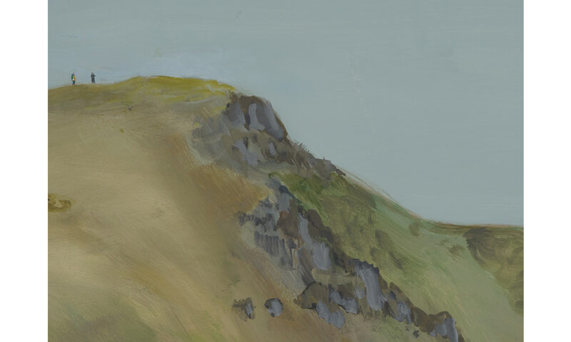 Skúli Sverrisson with Bill Frisell - For All Your Flowers cover artwork. A painting of a mountain top with gray rocks and yellow-green ground cover. Two tiny humnoid figures stand on top.
