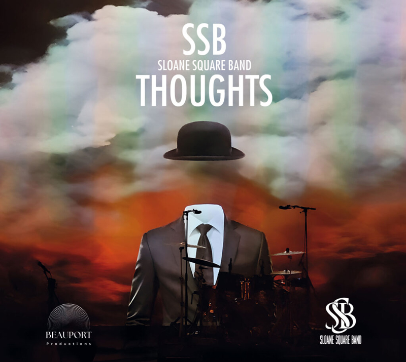 The album cover features an image of a headless man in a suit, with a floating bowler hat above him, set against a cloudy, colorful sky. A drum kit and microphones surround the figure, while the title Thoughts and the band name Sloane Square Band (SSB) appear prominently at the top.