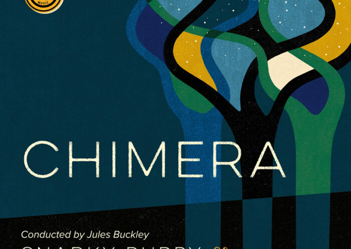 The single cover for Chimera by Snarky Puppy & Metropole Orkest features intertwining organic shapes in blue, green, yellow, and cream tones against a dark background. The title “Chimera” appears in large, light-colored text at the center, while the artists and conductor Jules Buckley are credited below. The GroundUP Music logo is positioned in the upper left corner.