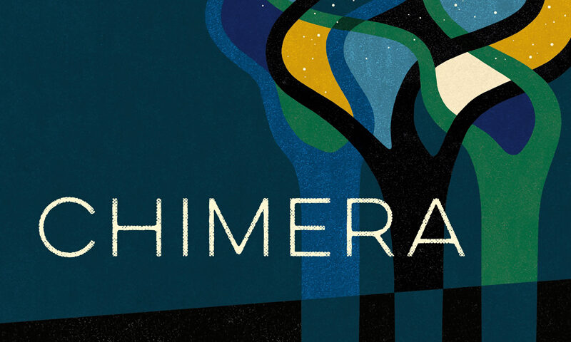 The single cover for Chimera by Snarky Puppy & Metropole Orkest features intertwining organic shapes in blue, green, yellow, and cream tones against a dark background. The title “Chimera” appears in large, light-colored text at the center, while the artists and conductor Jules Buckley are credited below. The GroundUP Music logo is positioned in the upper left corner.