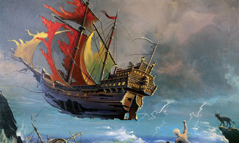 The album cover for Soft Ffog – Focus features a dramatic seascape where a pirate ship with tattered, flaming sails floats above a stormy ocean. Below, shipwreck survivors struggle on jagged rocks as lightning flashes across the turbulent sky. A lone black dog watches from a cliff, adding to the eerie, fantastical atmosphere. The band's name and album title appear in stylized white lettering in the top right corner.