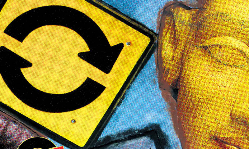 The album cover for Abracadabra by Soft Works features a collage-style design with contrasting imagery. A large yellow road sign with a circular arrow dominates the left side. Below it, a keyboard "Return" key is embedded in the composition. On the right, part of a golden Buddha face. The title "Soft Works" appears in bold yellow uppercase letters at the top, with the word "abracadabra" in blue cursive beneath it. The bottom right lists band members: Elton Dean, Allan Holdsworth, Hugh Hopper, and John Marshall. A sticker announces the remastering and two bonus live tracks.