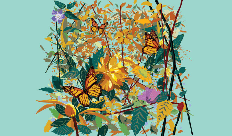 Solstice – New Life cover artwork. A colorful illustrtaion of branches, flowers, leaves and butterflies.