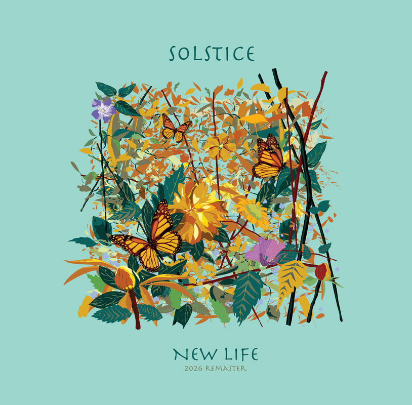 Solstice – New Life cover artwork. A colorful illustrtaion of branches, flowers, leaves and butterflies.