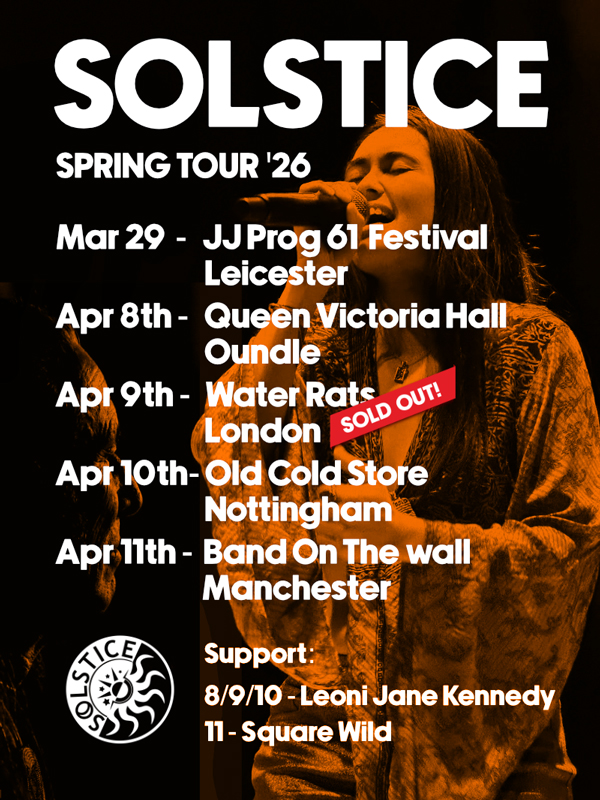 Solstice spring 2026 poster. Concert listing and a photo of the lead singer.