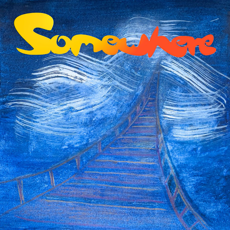 Somewhere - Bridges cover artwork. An illustration of a long hanging bridge.