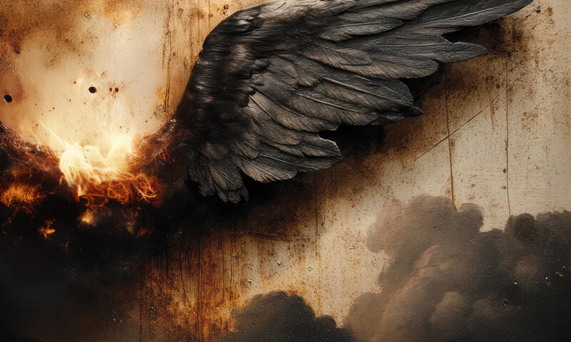 Stefano Panunzi - Caravaggio cover artwork. A painting of a large black angel's wing above dark clouds.