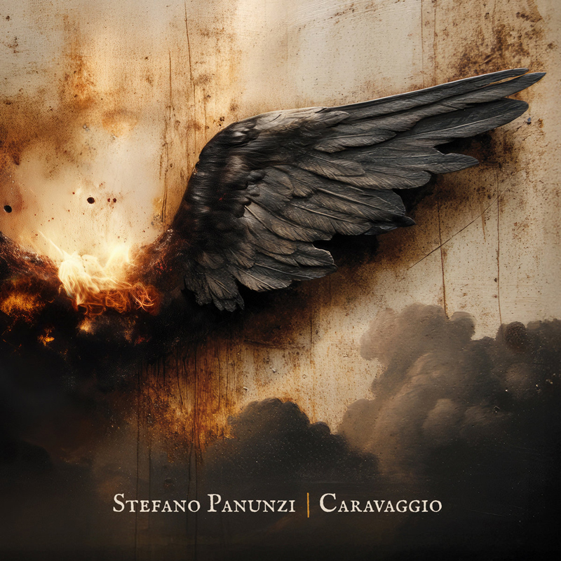 Stefano Panunzi - Caravaggio cover artwork. A painting of a large black angel's wing above dark clouds.