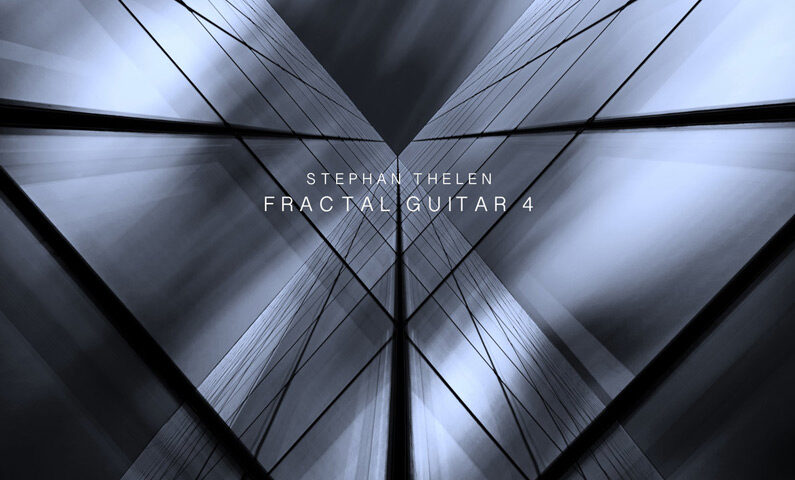 Stephan Thelen - Fractal Guitar 4 cover artwork. A monochrome architectural image of mirrored glass façades converging toward the center.