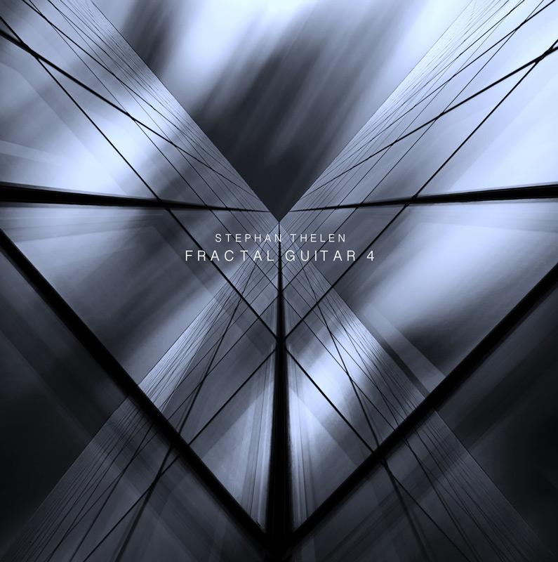 Stephan Thelen - Fractal Guitar 4 cover artwork. A monochrome architectural image of mirrored glass façades converging toward the center.