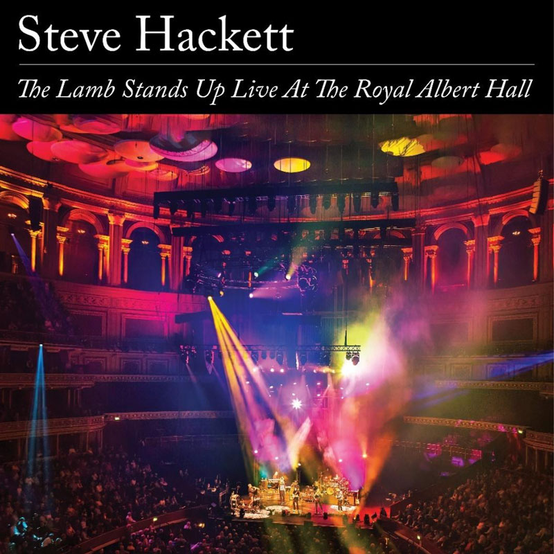 The album cover for The Lamb Stands Up Live at the Royal Albert Hall features a wide-angle photo of Steve Hackett's live performance at the iconic venue. Bathed in multicolored stage lights and surrounded by the ornate architecture of the Royal Albert Hall. The artist's name and album title appear in classic serif font against a black header.