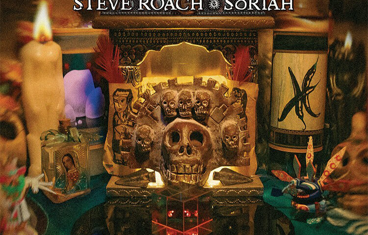 The cover of Curandero centers on an ornate altar filled with ritual objects. A carved skull surrounded by smaller skulls sits beneath a warm golden glow, flanked by candles, folk figurines, and devotional images