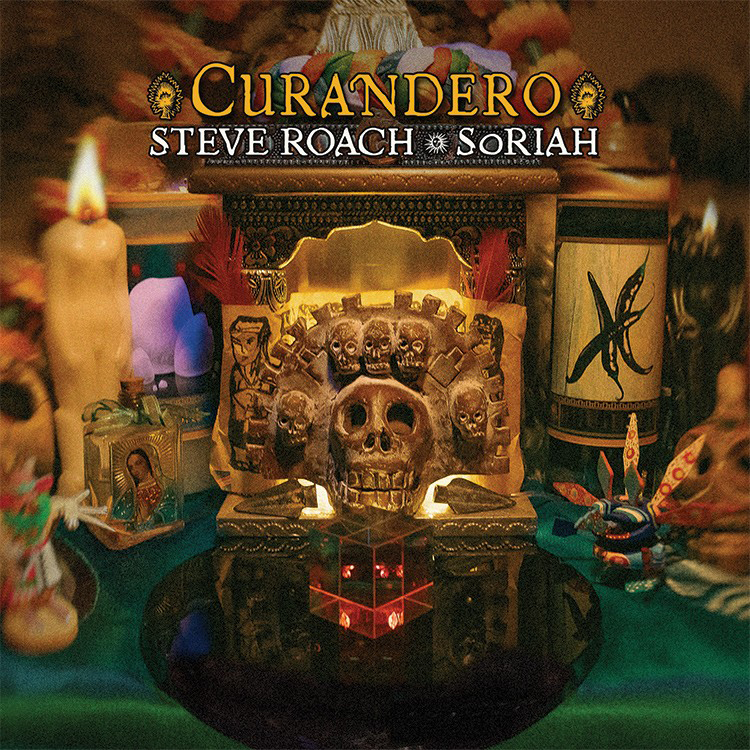 The cover of Curandero centers on an ornate altar filled with ritual objects. A carved skull surrounded by smaller skulls sits beneath a warm golden glow, flanked by candles, folk figurines, and devotional images