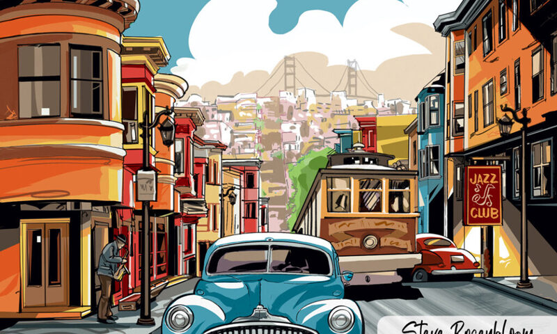 The album cover shows a 1940s San Francisco street scene. A vintage blue car and a cable car move down a hill lined with colorful houses, while the Golden Gate Bridge rises in the background. On the right, a red sign marks a jazz club. At the top, bold red lettering reads San Francisco 1948. The bottom corner identifies the artist: Steve Rosenbloom Big Band.