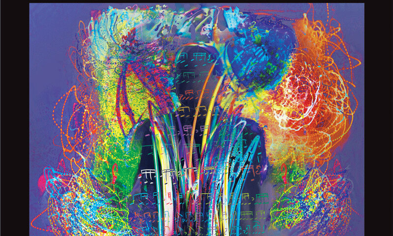 The album cover for Vital Information: New Perspective features bold red and orange text over a black background, with the artists’ names at the top. The central artwork displays an abstract explosion of colors (blues, oranges, greens, and reds) interwoven with musical notation.