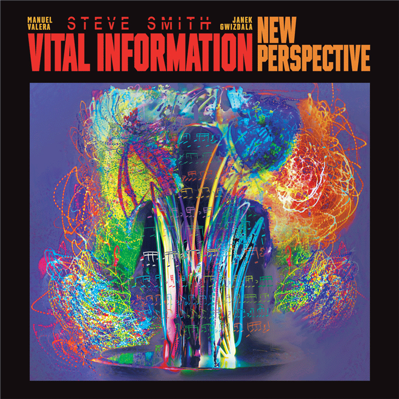 The album cover for Vital Information: New Perspective features bold red and orange text over a black background, with the artists’ names at the top. The central artwork displays an abstract explosion of colors (blues, oranges, greens, and reds) interwoven with musical notation.
