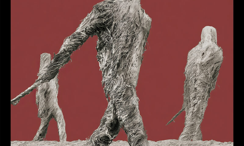 Stick Men - Elkton Music Hall cover artwork. A red background and three straw or stick figures walking.