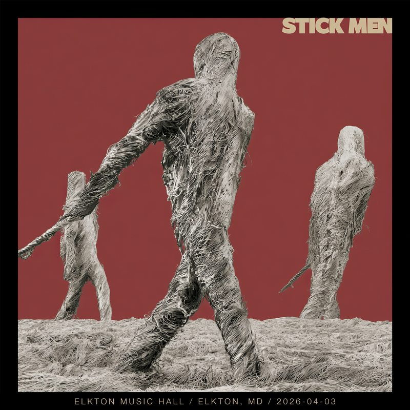 Stick Men - Elkton Music Hall cover artwork. A red background and three straw or stick figures walking.