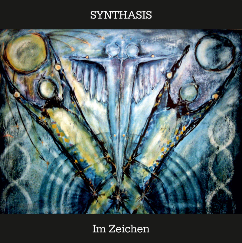 Synthasis - Im Zeichen cover artwork. an abstract illustration showing humanoid figures holding globes.