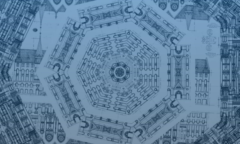 The cover of TaboTago – Sessions 016 – 20241201 Live at Tabor Church features a monochromatic blueprint-style illustration of a cathedral complex, centered around an octagonal structure. The band’s logo appears at the top in bold white lettering, while the album title is set in a minimalist font at the bottom, divided by a vertical line.